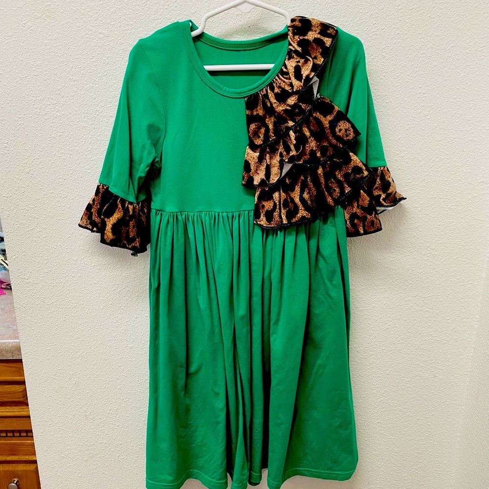BEAUTIFUL modest Kelly green and leopard ruffle dress
